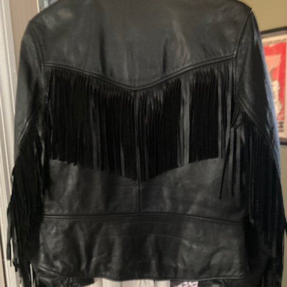 Vintage Black Leather Motorcycle Jacket w/ Fringe - Picture 3 of 5